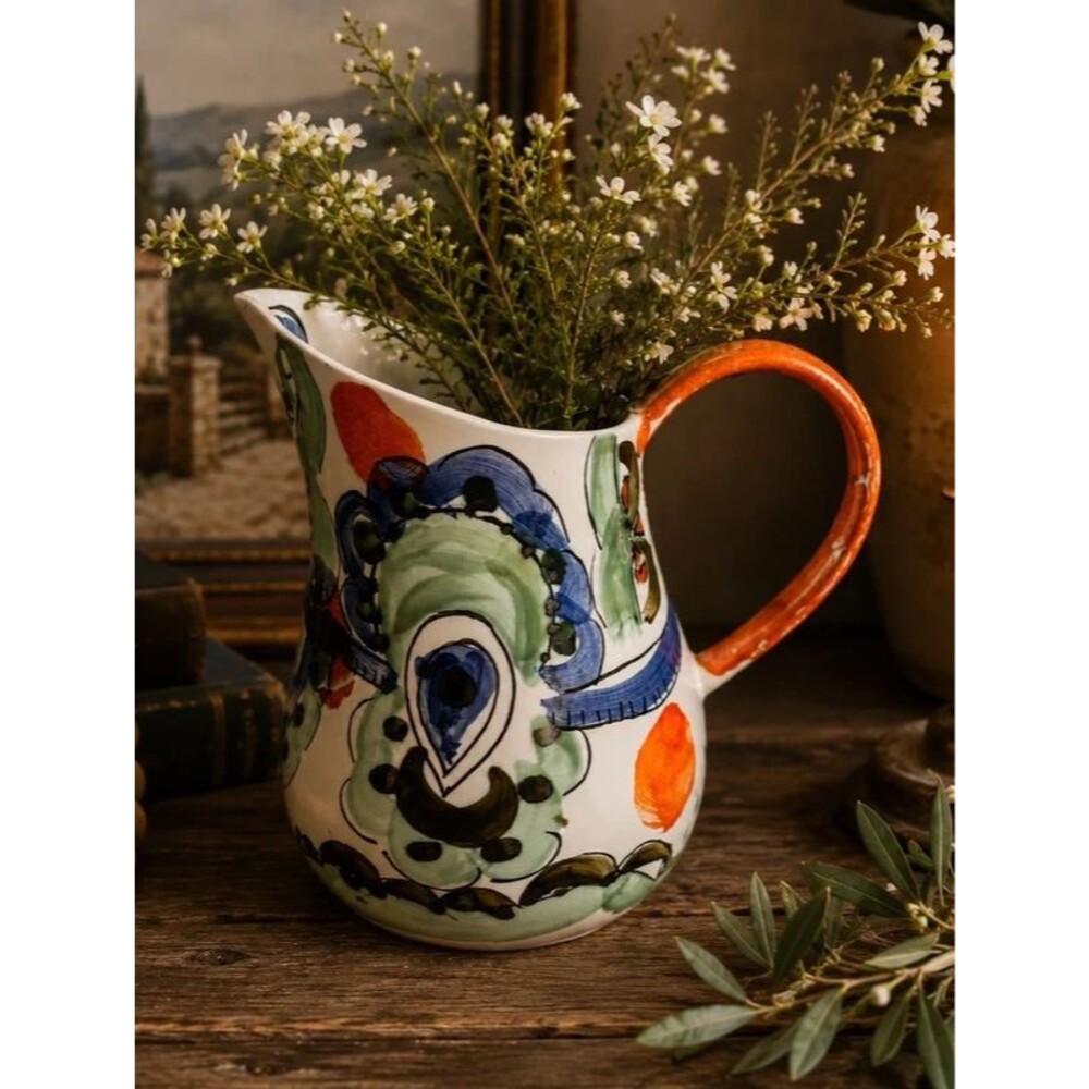 Vintage Hand-Painted Portuguese Ceramic Pitcher | Majolica Style Floral Water Ju